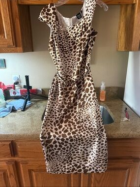 Sharon Young Cream and Brown Leopard Print Midi Dress